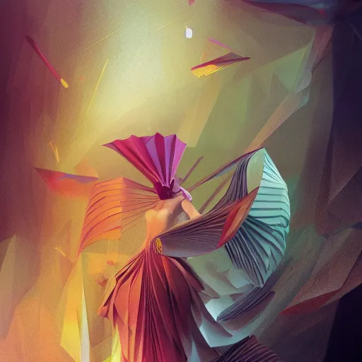 Prompt: 3 / 4 view of a beautiful girl wearing an origami dress, ground - level medium shot, elegant, by eiko ishioka, givenchy, philippe druillet, by peter mohrbacher, centered, fresh colors, origami, fashion, detailed illustration, vogue, high depth of field, japanese, reallusion character creator