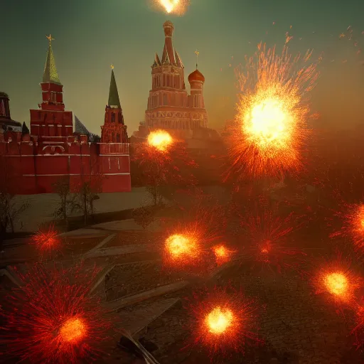 Image similar to a big explosion in the form of cotton plant in Red Square Kremlin, horrifying dynamic lighting, cinematic, extremely high detail, photo realistic, cinematic lighting, post processed, concept art, artstation, matte painting, unreal engine 8k