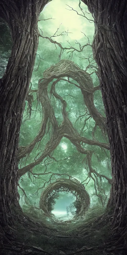 Image similar to humongous tree portal!! on a big dusky planet, spooky, sharp focus, intricate details, fantasy, hyper realism, 1 0 0 mm, art, smooth, beautiful art, masterpiece, artistic landscape, cinematic, wet reflections, ray tracing x, rtx, smooth