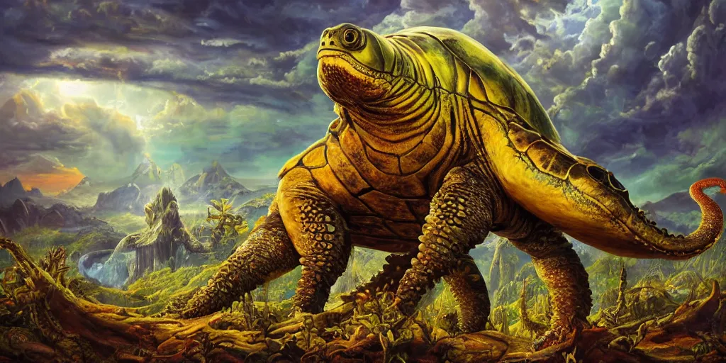 Image similar to fantasy oil painting, great leviathan, cybernetic turtle cephalopod terrapin reptilian pachyderm squid, bella hadid, hybrid, milla jovovich, anubis, epic natural light, lush plants flowers, spectacular mountains, bright clouds, luminous sky, outer worlds, golden hour, michael cheval, edward hopper, michael whelan, vray, hd