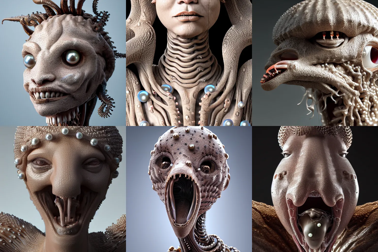 Prompt: incredibly realistic, too detailed sculpture, biomechanical ostrich medusa, made of lab tissue, carbon fibers, real pearls, jellyfish gelatin, octane render, bump mapping, macro image, global illumination, 8k, bokeh