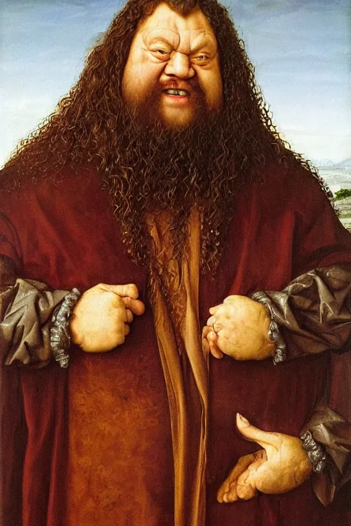 Image similar to portrait of hulking herculean bodybuilder hagrid, oil painting by jan van eyck, northern renaissance art, oil on canvas, wet - on - wet technique, realistic, expressive emotions, intricate textures, illusionistic detail