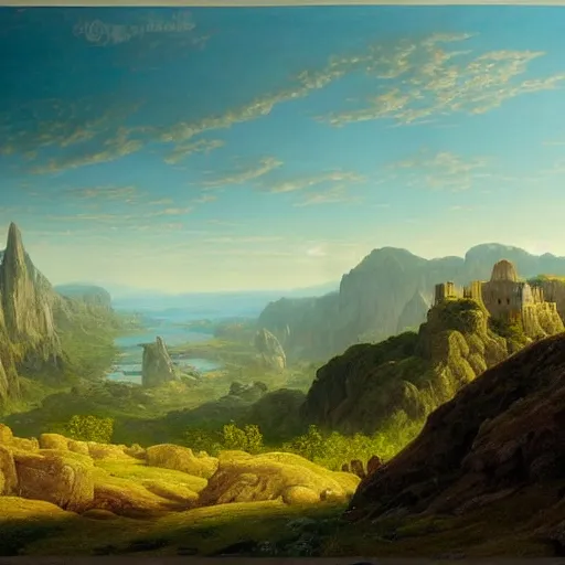 Image similar to a beautiful and highly detailed matte painting of a colorful yet humble english fort built of large stones in the distance high in the most epic mountains ever, intricate details, epic scale, insanely complex, 8 k, sharp focus, hyperrealism, very realistic, by caspar friedrich, greg rutowski, james gurney, hudson river school