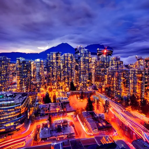 Image similar to vancouver bc canada at night, neon 8 k photo realistic