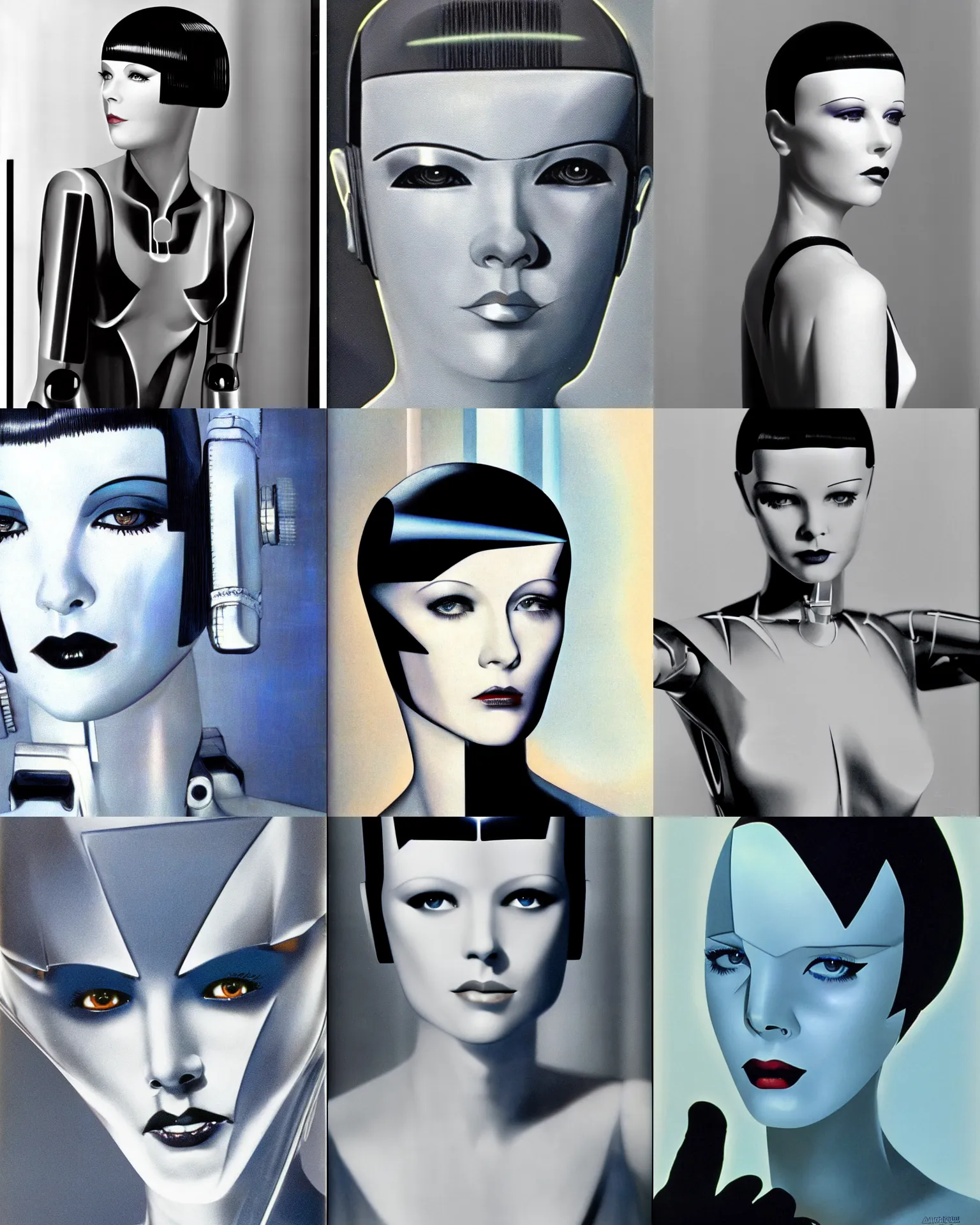 Prompt: mary louise brooks is half robot, robotic, chrome skin, 1 9 8 0 s airbrush, clean lines, futuristic, blade runner, line lighting patterns, blue rim lighting, triangle makeup