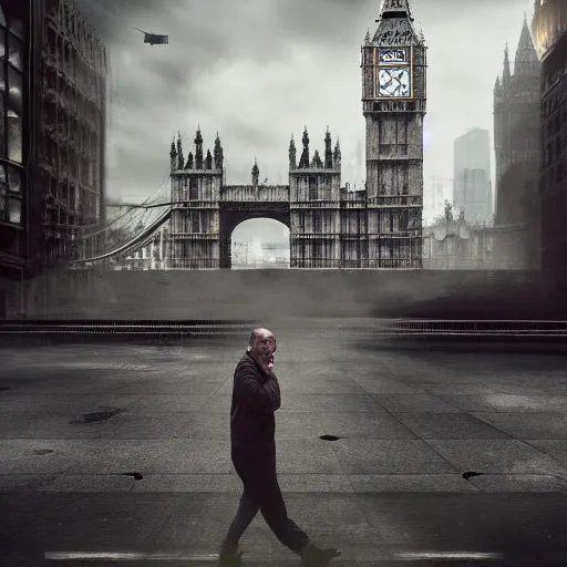 Prompt: a Photograph from the dystopian future of a British male in the year 2045 after ‘the event’ has taken place. Photorealistic, vivid, terrifying, somber, upsetting, 35mm, sharp focus, very very brutal, British architecture in the background, moody lighting 8k people don’t want to be outside anymore