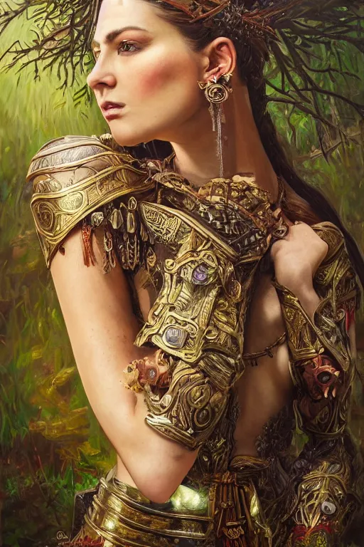 Prompt: oil painting of beautiful fantasy female warrior in the forest, symmetrical face, beautiful face, intricate jewellery, filigree armour, ethnic tattoos, big earrings, shining eyes, crystals, covered in plants, mystical trees, realistic oil painting, baroque, renaissance painting, dramatic, cinematic light, trending on artstation, rule of thirds, highly detailed, 8 k