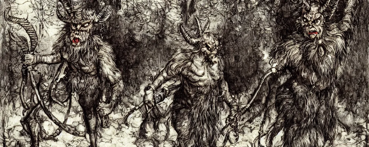 Image similar to Victorian Krampus horned satyr figure walking through a fantasy Victorian christmas village, closeup, horns, walter crane, art by arthur rackham, photorealistic, dark fantasy, kay nielsen, book illustration style, 19th Century