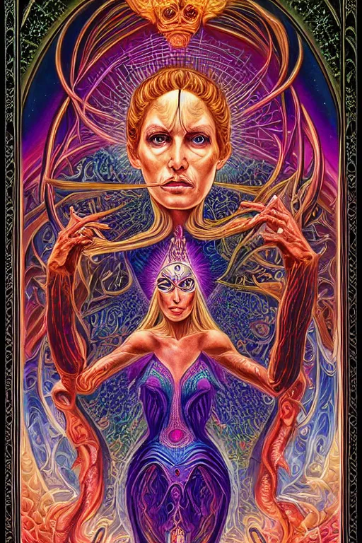 Image similar to beautiful tarot card of the queen of dreams by alex grey and dan mumford and carol bak, oil on canvas, intricate, border, symmetrical, portrait, 8k highly professionally detailed, HDR, CGsociety