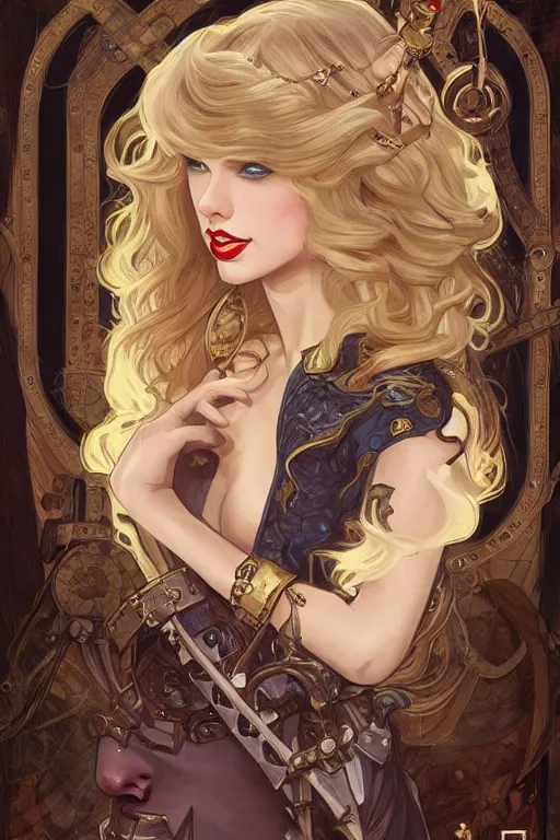 Prompt: taylor swift as a steampunk princess, blonde hair, high fantasy, dnd, smooth, sharp focus, illustration, highly detailed, digital painting, artstation, concept art, by disney animation, rossdraws, alphonse mucha, frank fanzzeta, collectible card art