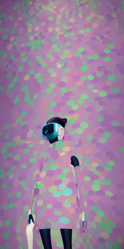 Image similar to 3d matte render, VR goggles, mannequins, dj rave party, Hsiao-Ron Cheng, pastel colors, hyper-realism, pastel, polkadots, minimal, simplistic, amazing composition, vaporwave, wow, Gertrude Abercrombie, Beeple, minimalistic graffiti masterpiece, minimalism, 3d abstract render overlayed, black background, psychedelic therapy, trending on ArtStation, ink splatters, pen lines, incredible detail, creative, positive energy, happy, unique, negative space, pure imagination painted by artgerm