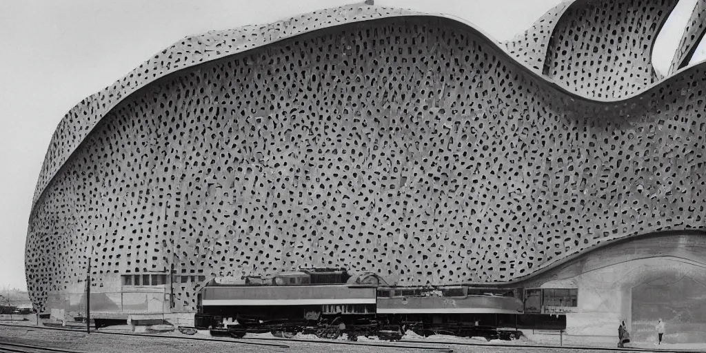 Prompt: wide angle color photo of futurist building in the style of a new york central hudson locomotive. curved sculpted shape with streamlined futurist industrial revolution theme. formed concrete with brass inlay. from architecture digest. i. m. pei and gaudi.