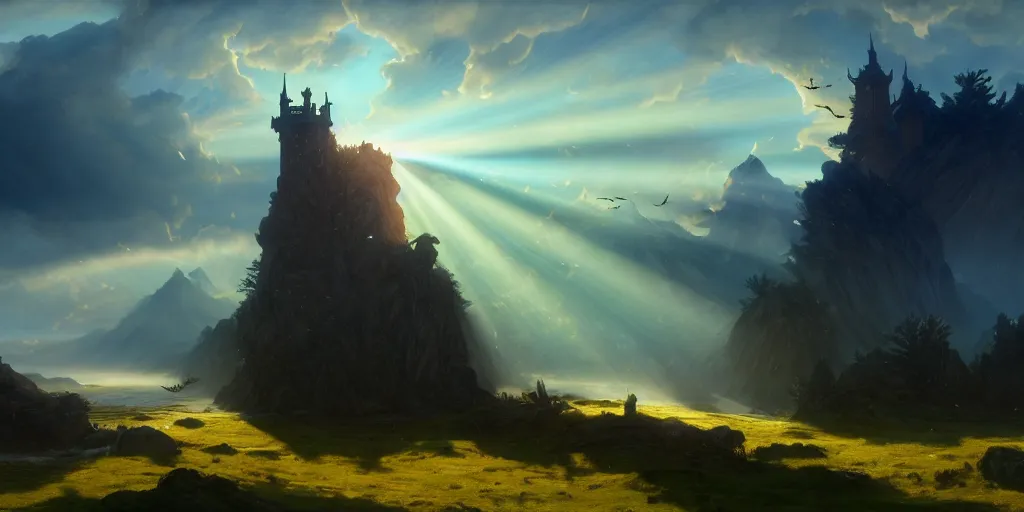 Image similar to a beautiful fantasy landscape, medieval tower, majestic, god rays, silhouette of a flock of birds in the sky, extremely detailed digital painting, in the style of fenghua zhong and ruan jia and jeremy lipking and peter mohrbacher, mystical colors, rim light, beautiful lighting, 8 k, stunning scene, raytracing, octane, trending on artstation