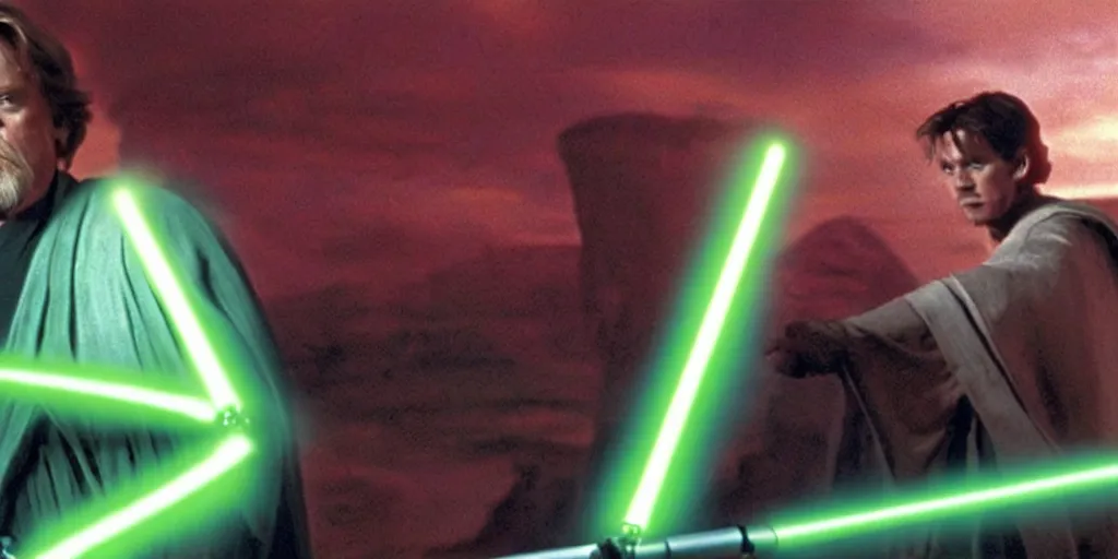 Prompt: A full color still of Mark Hamill as Jedi Master Luke Skywalker and his green lightsaber having a lightsaber battle with Sith Lords and their red lightsabers, with large windows showing a sci-fi city outside, at dusk at golden hour, from The Phantom Menace, directed by Steven Spielberg, 1997