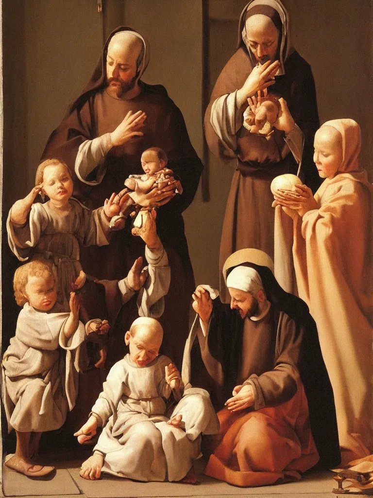 Prompt: a highly realistic oil painting of our lady sitting on her knees with the child god. Saint Anne is also sitting and offers a pear to the child., One bishop and a Franciscan monk appear in the scene adoring the holy family, Painted by Zurbaran