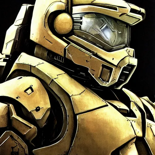 Image similar to a highly detailed portrait of master chief, drawn by yoji shinkawa, sci fi art, trending on artstation