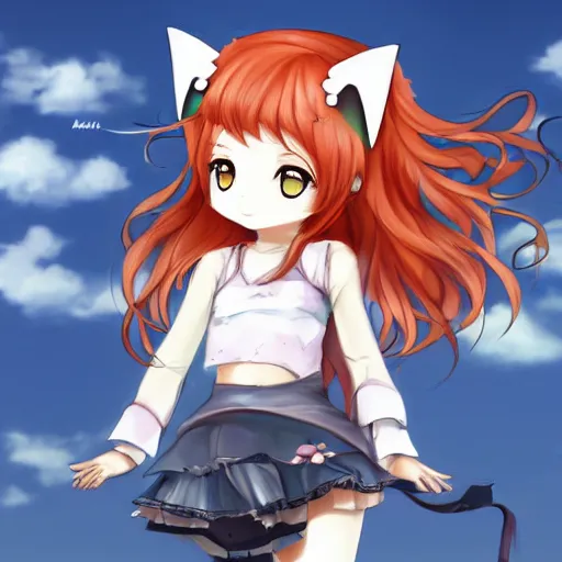 Prompt: portarait anime chibi smiling girl with cat ears, redhead, floating on a cloud, trending on artstation , high resolution, highly detailed