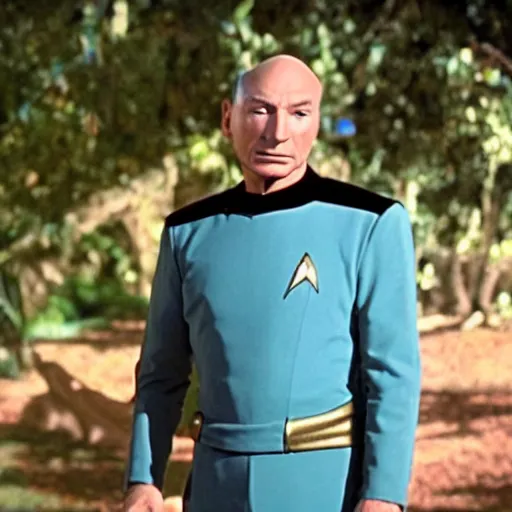 Prompt: jean - luc picard in star trek wearing an avocado for a hat and a face