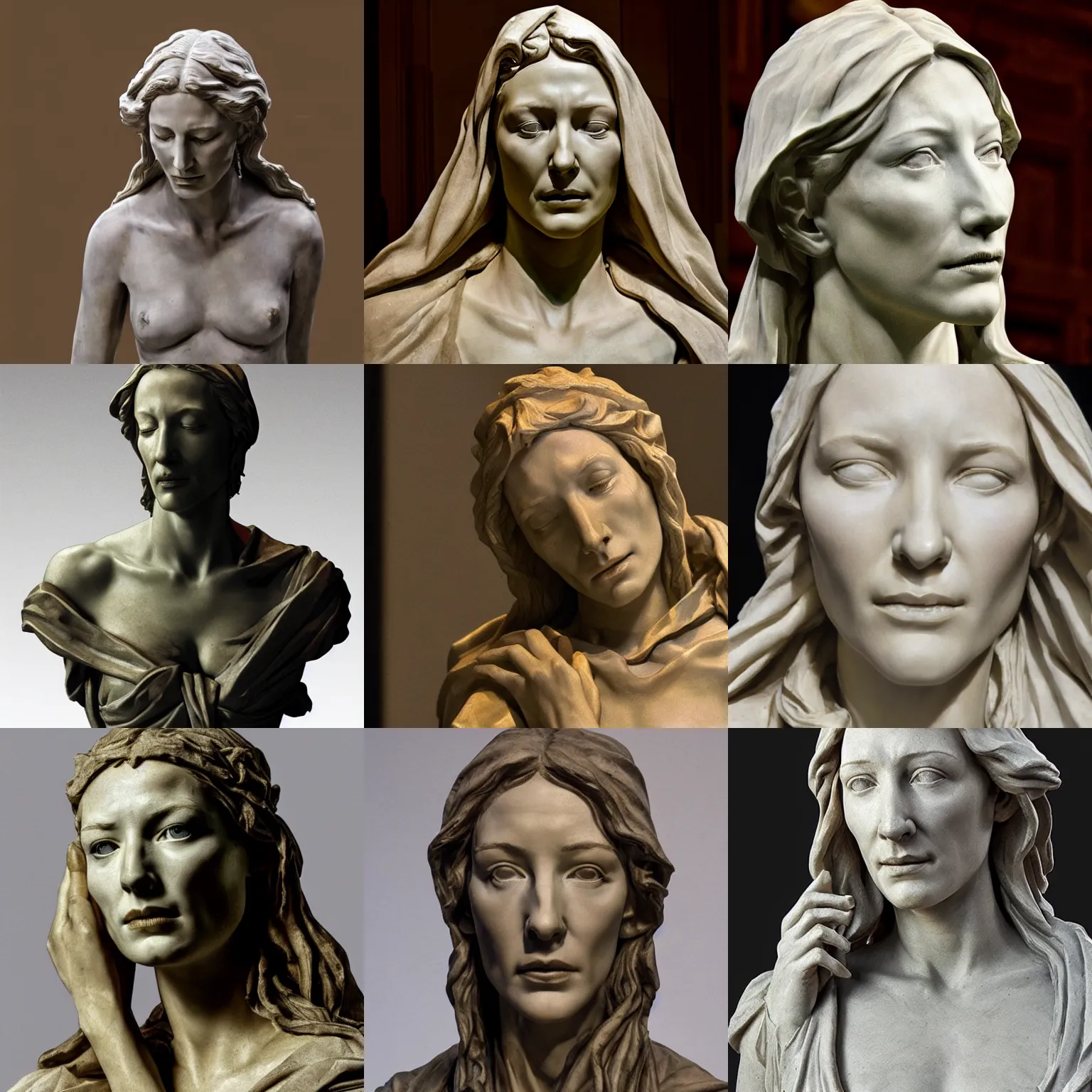 Prompt: bust sculpture of cate blanchett as pieta, by Michelangelo, photorealism