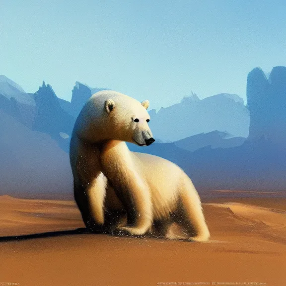 Image similar to polar bear in the desert painting by craig mullins octane rendering soft morning lighting wide angle lens in the style of hayao