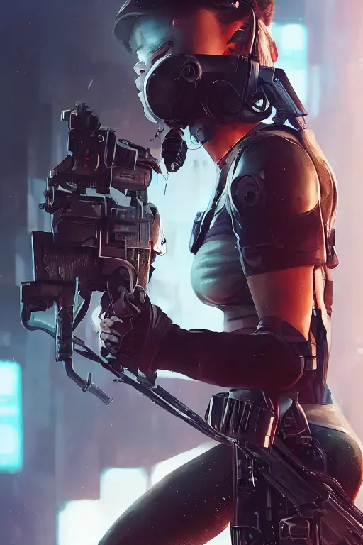 Prompt: beautiful portrait of a cyborg mercenary girl holding a rifle, art by wlop and artgerm, cyberpunk, neon, elegant, highly detailed, trending on artstation, sharp focus, caustics, octane render, radiant light, 4 k