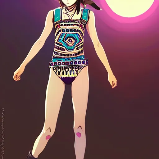 Image similar to a beautiful boyish emma watson alluring instagram model, wearing japanese hiphop aztec leotard outfit with mayan pattern and native style, aztec street fashion bathing suit, botw style, gapmoe yandere grimdark, trending on pixiv fanbox, painted by greg rutkowski makoto shinkai takashi takeuchi studio ghibli, akihiko yoshida