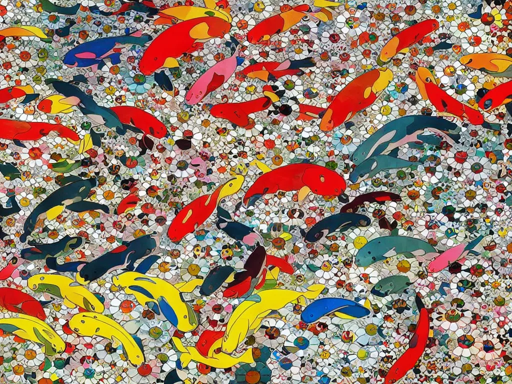 Image similar to colorful koi carp collage by takashi murakami, illustration, concept art, colorful, beautiful, studio ghibli, aoshima chiho, manga, cute and adorable