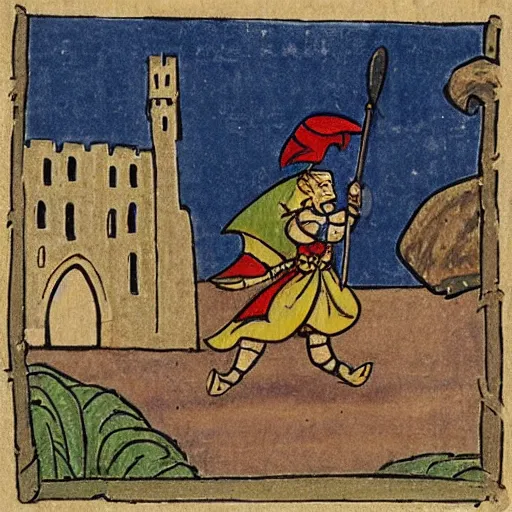 Prompt: A knight fighting a snail in front of a castle, in the style of an ancient manuscript