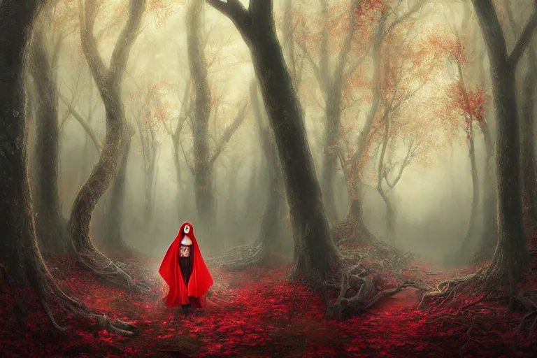Image similar to a stunning ultra detailed fantasy illustration of a red riding hood holding a glowing leafy umbrella in a barren forest with barren sinuous tree, fall leaves on the floor, by tomasz alen kopera, deep depth of field, 2 4 mm lens, golden hour hues, soft lighting, artstation, highly coherent, 8 k