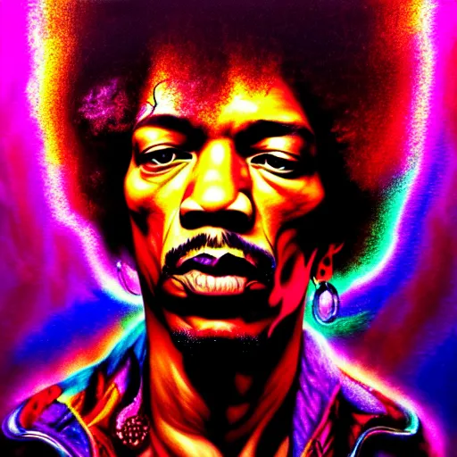 Image similar to portrait of jimi hendrix, extremely psychedelic, surreal, dramatic lighting, detailed, intricate, highly detailed, digital painting, artstation, concept art, smooth, sharp focus, illustration