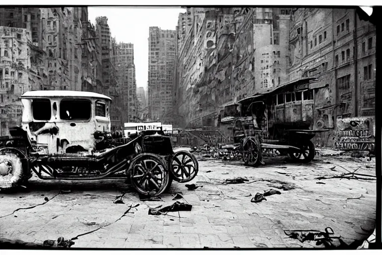Image similar to cyberpunk 1 9 0 8 model ford t by paul lehr, beksinski, metropolis, parked by view over city, vintage film photo, robotic, silent movie, black and white photo, damaged photo