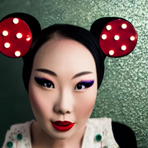 Image similar to beautiful bald chinese woman with pinup girl makeup at disneyland wearing mouse ears, night, highly detailed, theatrical lighting, sharp focus, unreal engine, epic cinematic hyperrealism masterpiece