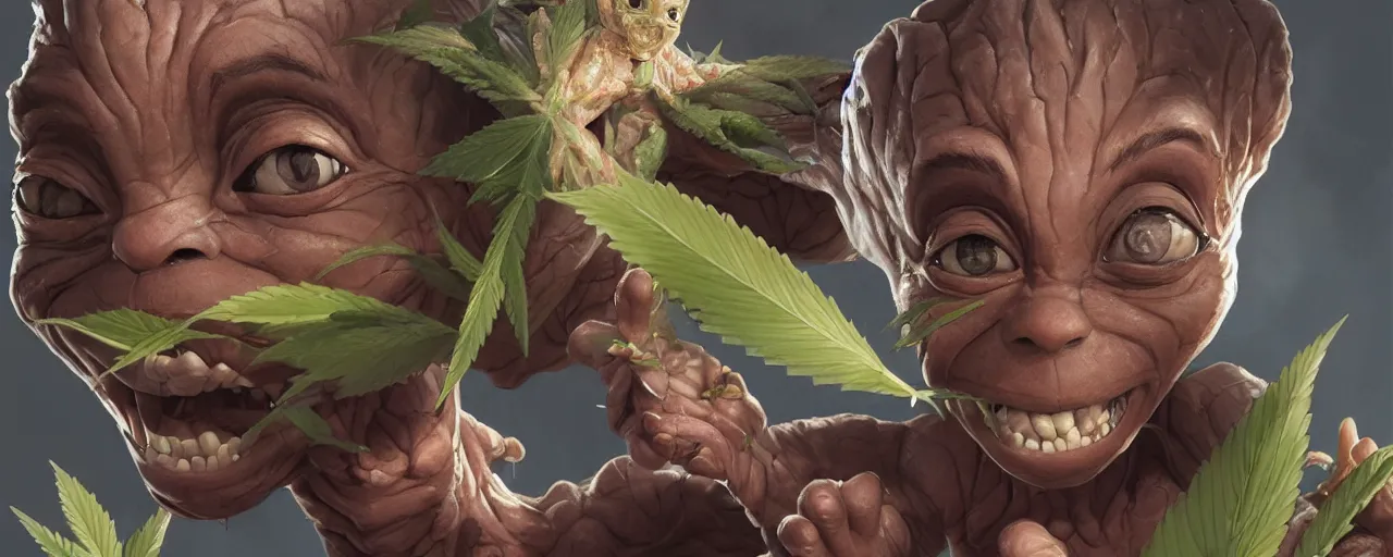 Image similar to portrait smiling round cute face cannabis!!, big eyes, marijuana!, baby groot, realistic shaded perfect face, cinematic volumentric lighting, jim cheung, david marquez, mike deodato jr, behance hd by jesper ejsing, by rhads, hyper detailed, octane render, concept art, artstation