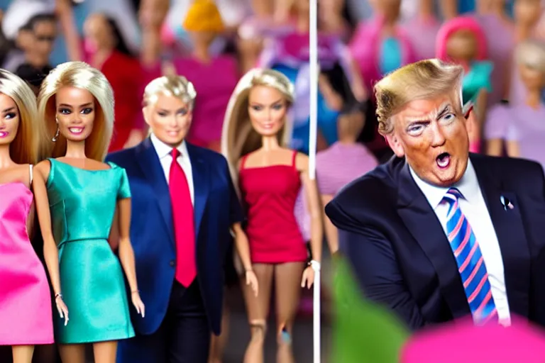 Prompt: still frame of trump in barbie, by Jaap Buitendijk