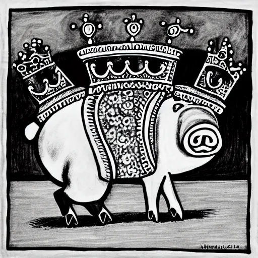 Prompt: walking pig wearing crown ink drawing black and white 35mm