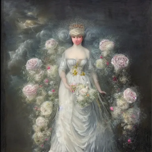 Image similar to meredit frampton a queen with a white large magnificent more and more vaporous ,wrapped ,hight decorated,detailed ,white roses cotton dress shooting surrounded by a bouquet of abstract white flowers and clouds during lightning storm ,surrealism 8k