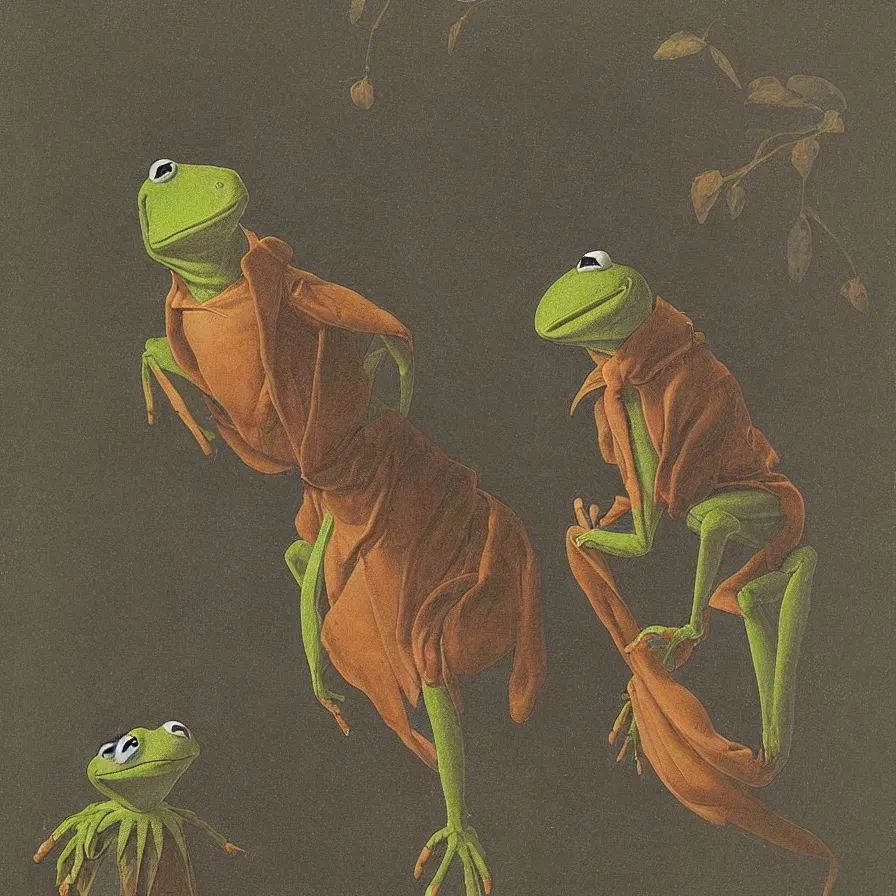 Image similar to “portrait of Kermit the frog by John James Audubon”