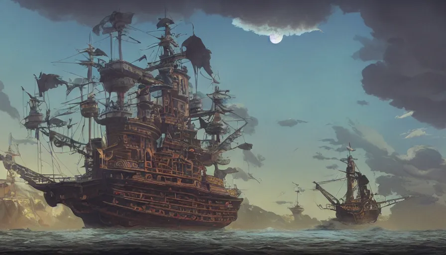 Image similar to A highly detailed matte painting of huge pirate ship castle by Studio Ghibli, Makoto Shinkai, by Artgerm, by beeple, by Greg Rutkowski, volumetric lighting, octane render, 4K resolution, trending on artstation, masterpiece