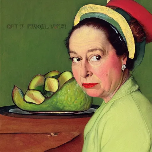 Image similar to Frontal portrait of the queen of avocados. A painting by Norman Rockwell.