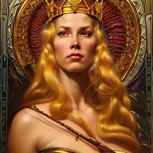 Image similar to highly detailed portrait of a majestic lioness queen in the form of a beautiful woman. d & d. art by donato giancola, gil elvgren, evelyn de morgan, bastien lecouffe - deharme. trending on artstation, intricate details, energetic composition, golden ratio, concept art, illustration, elegant art, global illuminaition