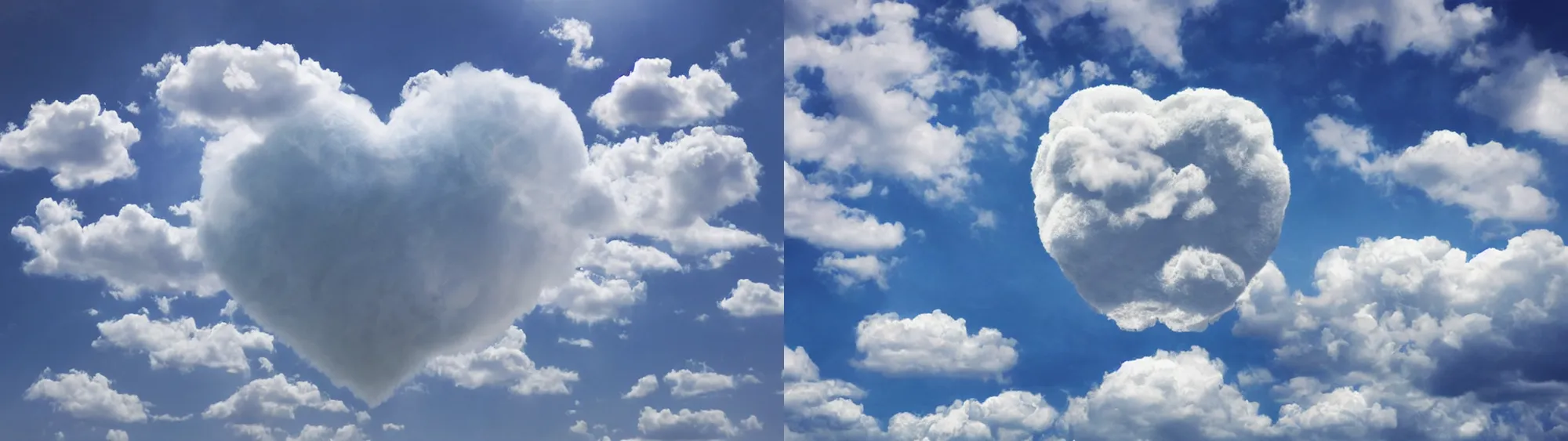 Prompt: huge cream fluffy soft cloud heart on blue clear sky, detailed, hyper realism, photo, realistic, soft volume absorbation, volume light, view up, diffused lights, ultra realism, cinematic, film