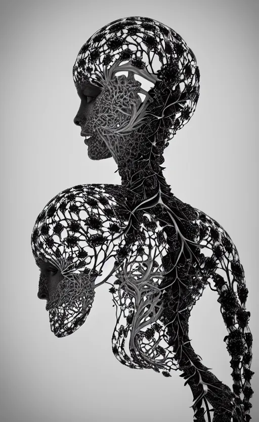Prompt: a black and white 3D render of a beautiful profile face portrait of a female vegetal-dragon-cyborg, 150 mm, orchid stems, ivy, fine vegetal lace, Mandelbrot fractal, anatomical, flesh, facial muscles, microchip, veins, arteries, full frame, microscopic, elegant, highly detailed, flesh ornate, elegant, high fashion, rim light, octane render in the style of H.R. Giger and Man Ray
