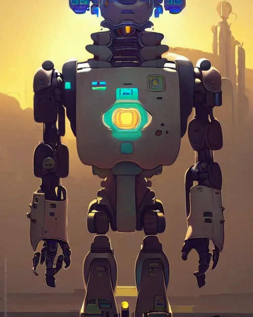 Image similar to bastion the friendly robot from overwatch, character portrait, portrait, close up, concept art, intricate details, highly detailed, vintage sci - fi poster, retro future, in the style of chris foss, rodger dean, moebius, michael whelan, and gustave dore