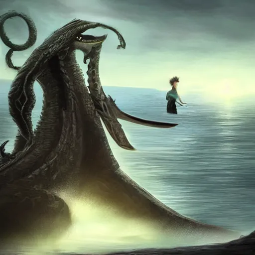 Prompt: a dramatic digital art of a teenage boy with long hair holding a sword while standing on the edge of a cliff over looking water, coming out of the water is a giant serpent water monster looming over the boy with it's mouth open, dramatic digital art, ambient lighting