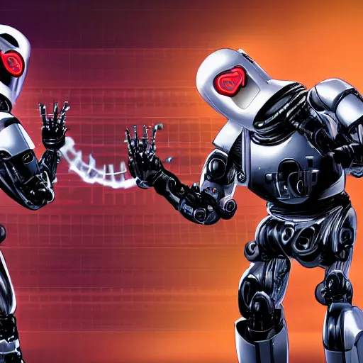 Prompt: Two men in a robot suit fighting over a heart