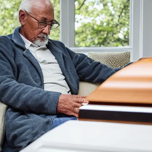 Image similar to elderly man sitting on a casket browsing internet on laptop from a casket casket