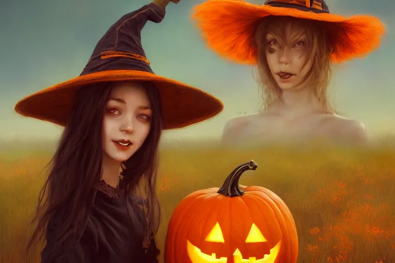 Image similar to portrait of a scarecrow with a jack - o - lantern head and a witch hat, halloween night, charlie bowater, artgerm, ilya kuvshinov, krenz cushart, ruan jia, realism, ultra detailed, 8 k resolution