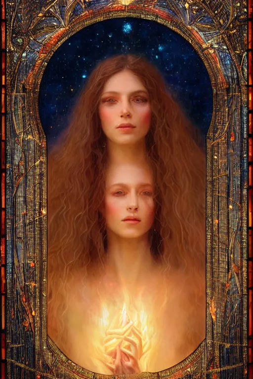 Prompt: ultra realist breathtaking detailed soft painting of a beautiful fire bride in the cosmos, a circle of light around her head, long fire hair and dress of fireflies, symmetrical facial features, christian saint in the middle of a stained glass of flames, intricate art nouveau frame, by Tom Bagshaw, wlop, trending on artstation