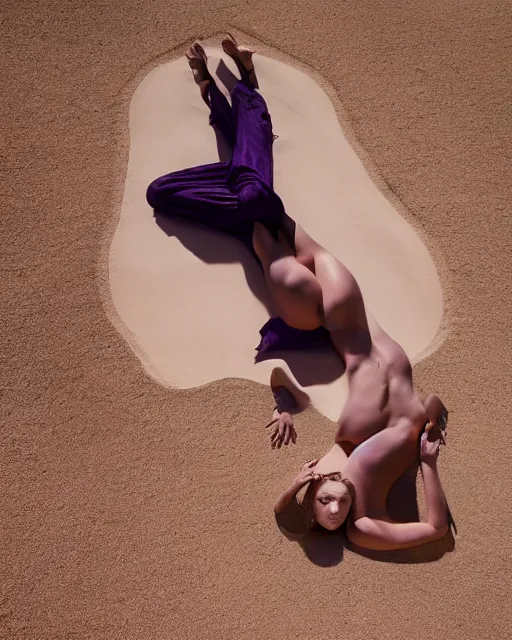 Image similar to olivia laying in the desert sand, wearing a purple blazer, black hair, freckles, pale skin, photo by greg rutkowski, harsh shadows, bright lighting, female beauty, intricate detail, elegance, sharp shapes, masterpiece