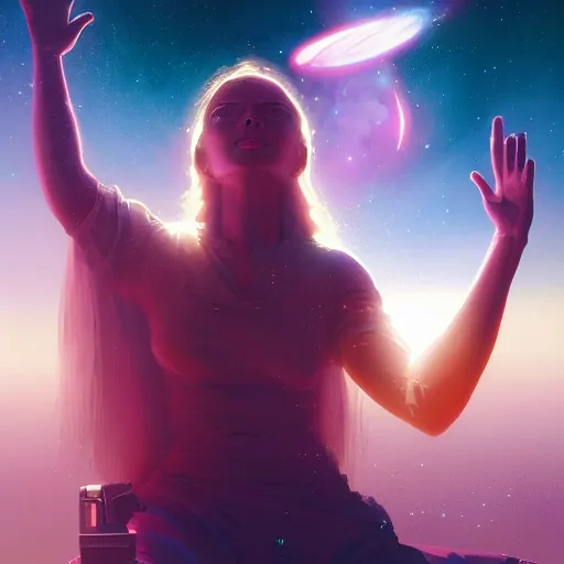 Image similar to a beautiful, powerful woman sitting in space, reaching her hand out toward the camera, emanating magic from her palms, extreme!!!!! closeup image, cgsociety contest winner, illustrated by mike beeple winklemann, greg rutkowski, and gaston bussiere, space art, portrait art, artstation, 4 k, 8 k